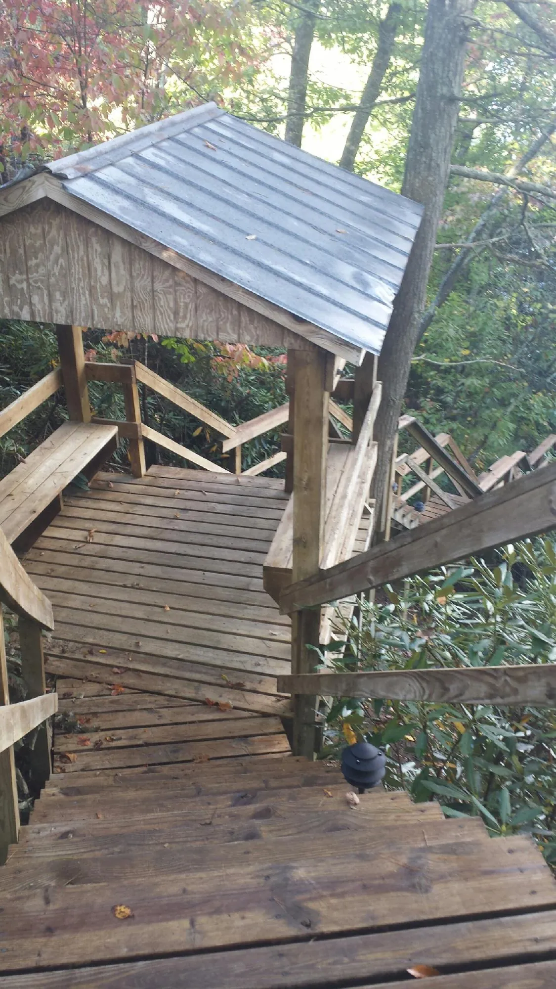 Metal roofed shelter over wooden steps on a wooded walkway — Skylight Repair & Installation work by our crew in Grand Meadow